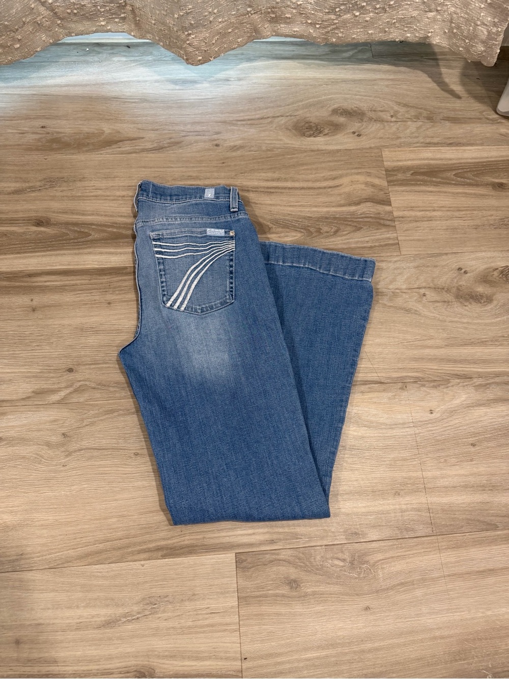 7 For All Mankind Medium Blue Bootcut Jeans with Contrast Back Stitching